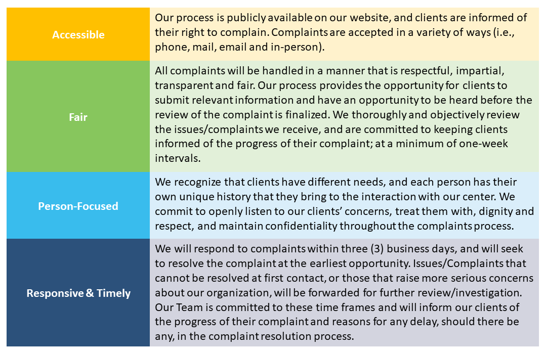Guiding principles for the issues and complaints process in a tabular form