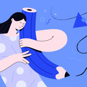 Girl with a blue pencil in her hand