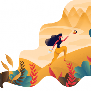 A girl in yellow dress chasing bird up a mountain