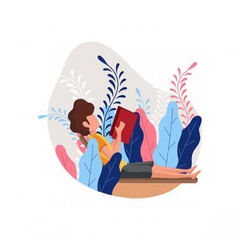 a women reading a book in front of trees