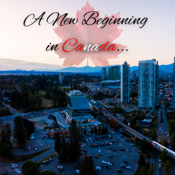 City skyline at dusk with a large maple leaf in the background and the text “A New Beginning in Canada...” The image features high-rise buildings, roads, and a train, symbolizing a fresh start and new opportunities in Canada.