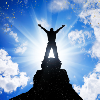 A silhouette standing on a mountaintop with arms raised, surrounded by radiant sunlight, blue skies, clouds, and sparkling stars, symbolizing achievement, confidence, and reaching new goals.